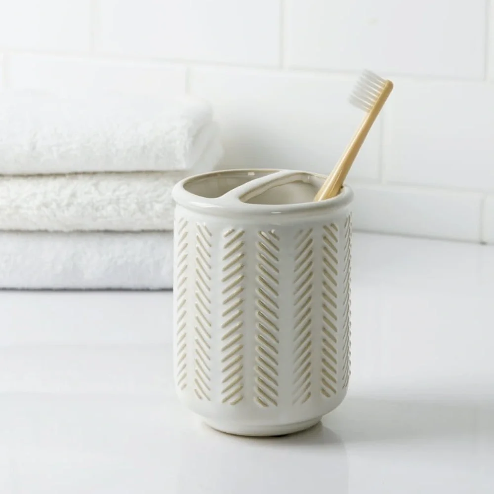 Better Homes & Gardens Reactive Glazed Ceramic Toothbrush Holder, Creamy White